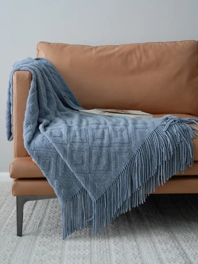 Jacquard Knitted Bed Tail Towel Autumn Winter Blanket Grey Blue - Shop at LoveMi