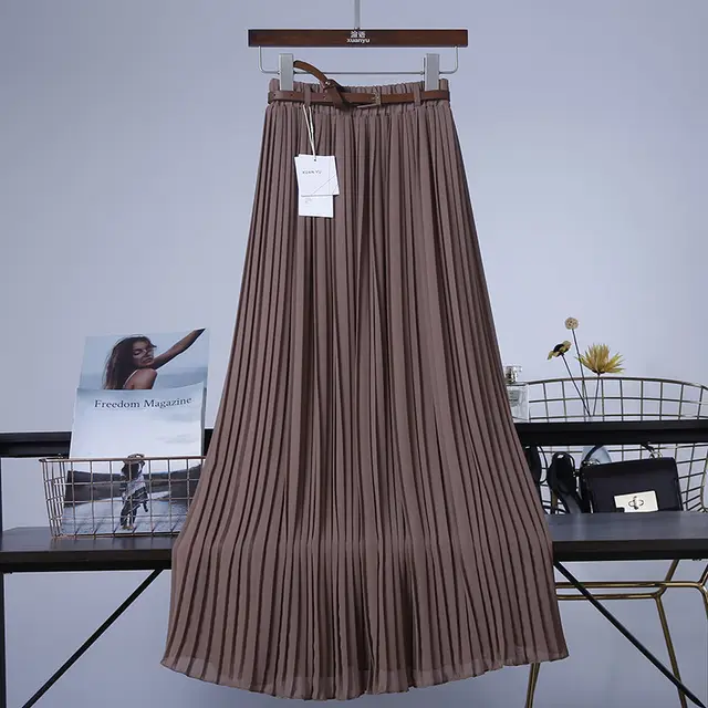 Pure Color Chiffon Mid length Pleated Large length Swingy Drape Skirt Coffee - Shop at LoveMi