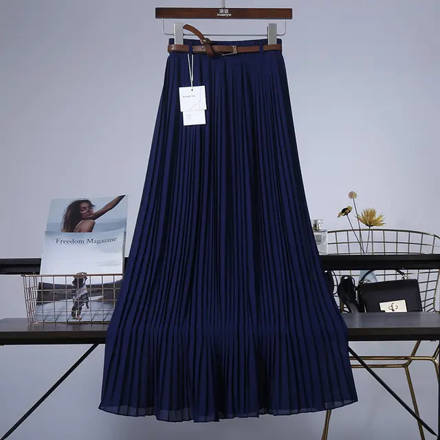 Pure Color Chiffon Mid-length Pleated Large-length Swingy Drape Skirt - Navy