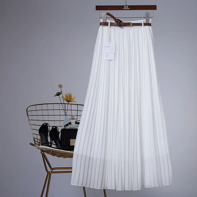 Pure Color Chiffon Mid length Pleated Large length Swingy Drape Skirt White - Shop at LoveMi