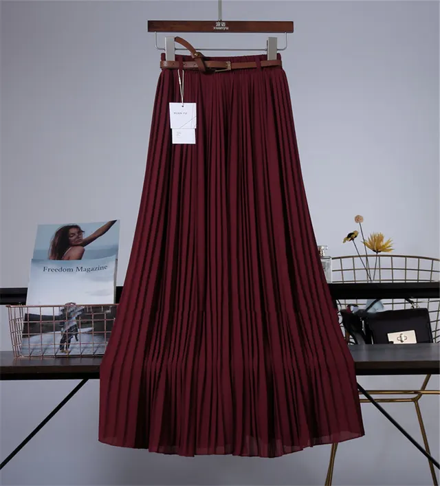 Pure Color Chiffon Mid length Pleated Large length Swingy Drape Skirt Wine Red - Shop at LoveMi