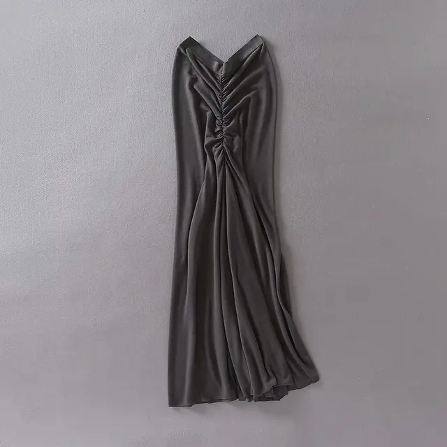 Elastic Waist Front And Back Pleated High Waist Thin Wrap Hip Long Skirt Skirt Grey - Shop at LoveMi