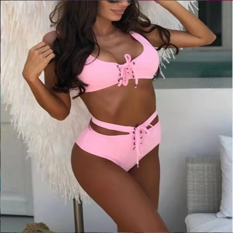 Flounced Vest Solid Color Bikini Swimsuit Split Pink - Shop at LoveMi
