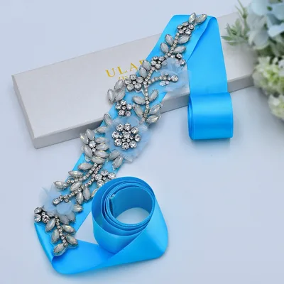 Rhinestone Decoration Handmade Rubber backed Rhinestone Green Decorative Belt Blue Ribbon - Shop at LoveMi
