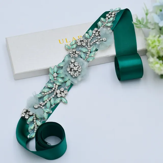 Rhinestone Decoration Handmade Rubber backed Rhinestone Green Decorative Belt Green Ribbon - Shop at LoveMi