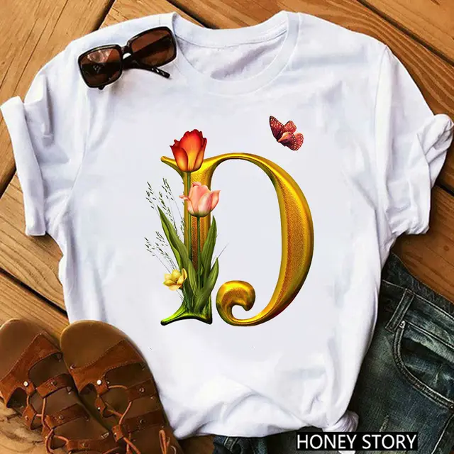New 26 Gold Letter Flowers T shirt - Shop at LoveMi