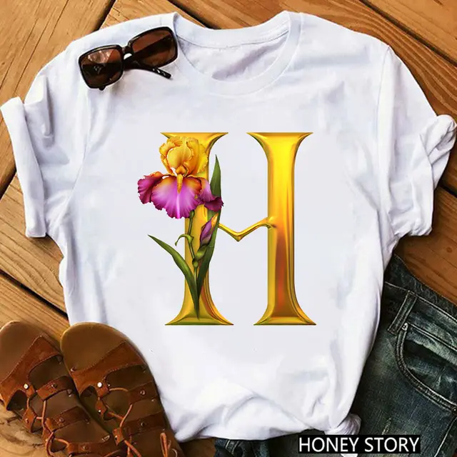 New 26 Gold Letter Flowers T shirt H - Shop at LoveMi