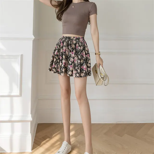 Summer New Hit Color Floral Short Skirt Female Folds Elastic High Waist Loose Casual Color - Shop at LoveMi