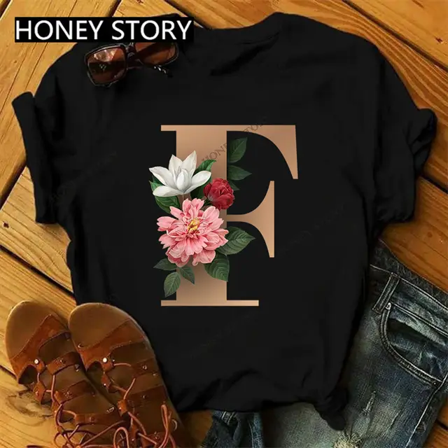 26 Golden English Letters ABCDE Flower Print Ladies T shirt European And American Large Size Casual Short sleeved Harajuku Top Blackf - Shop at LoveMi