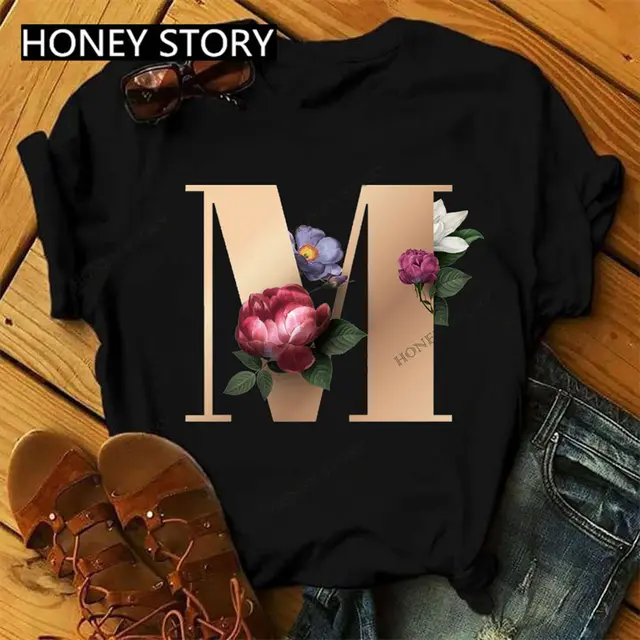 26 Golden English Letters ABCDE Flower Print Ladies T shirt European And American Large Size Casual Short sleeved Harajuku Top Blackm - Shop at LoveMi