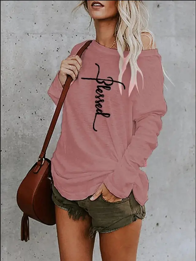 Off the shoulder Round Neck Printed Loose T shirt Blouse Pink - Shop at LoveMi