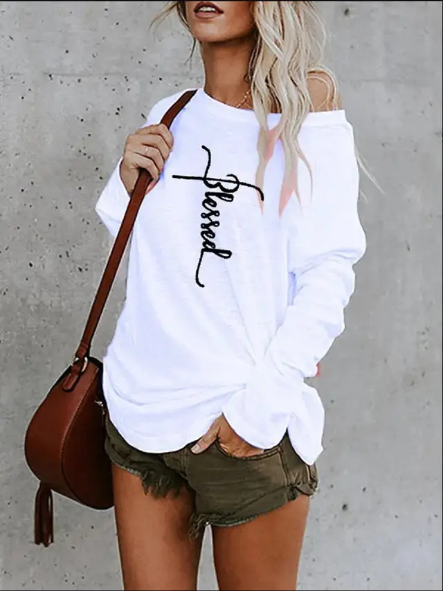 Off the shoulder Round Neck Printed Loose T shirt Blouse White - Shop at LoveMi