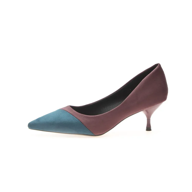 Stitching High Heels Pointed Toe Stiletto Women's Single Shoes Suede Over feet Low top Shoes Blue - Shop at LoveMi