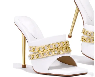 Womens Sandals Shoes Mules Thin High Heels Square Toe Slippers White - Shop at LoveMi