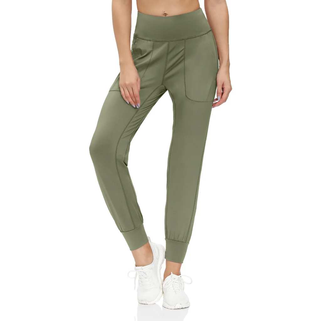 High Waist Stretch Yoga Pants Women's Nine-point Pocket Fitness Pants - Cropped Pants Army Green