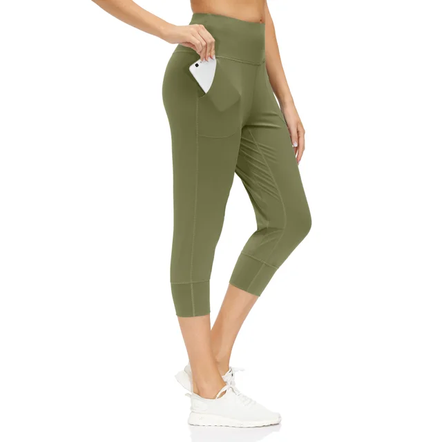 High Waist Stretch Yoga Pants Women's Nine point Pocket Fitness Pants Seventh Army Green - Shop at LoveMi