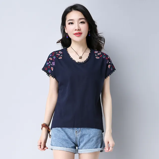 Flat Fitting Cotton And Linen Embroidered Short Sleeved T Shirt Navy Blue - Shop at LoveMi