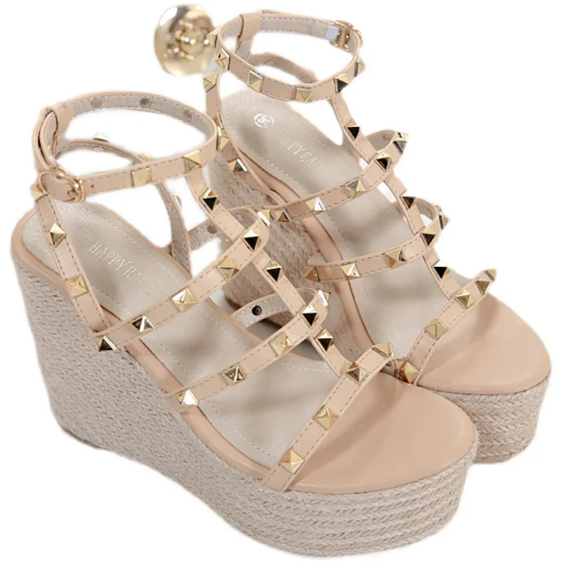 Sponge Cake Platform Rivet High heeled T strap Roman Heightened Wedge Sandals Apricot - Shop at LoveMi