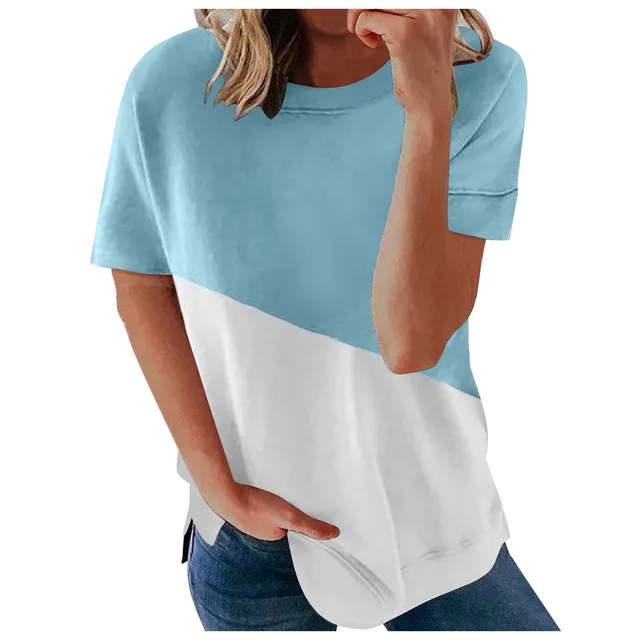 Colorblock Short sleeved Top With Slit Hem Sky Blue - Shop at LoveMi