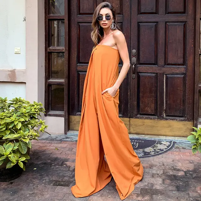 High rise Loose Wide leg Pants And High waisted Trousers Jumpsuit Orange - Shop at LoveMi