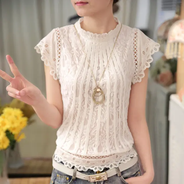 Women's Loose And Thin Coat Crocheted Large Size Round Neck Short sleeved Fashion Lace Shirt White - Shop at LoveMi