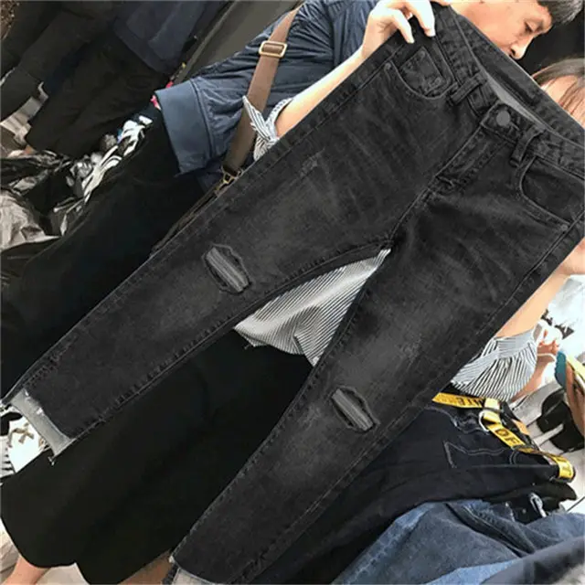 Korean Version Of Plus Size Jeans Women'S Fat Mm High Waist Stretch Slimming Straight Leg Pants Nine Point Pants Black - Shop at LoveMi
