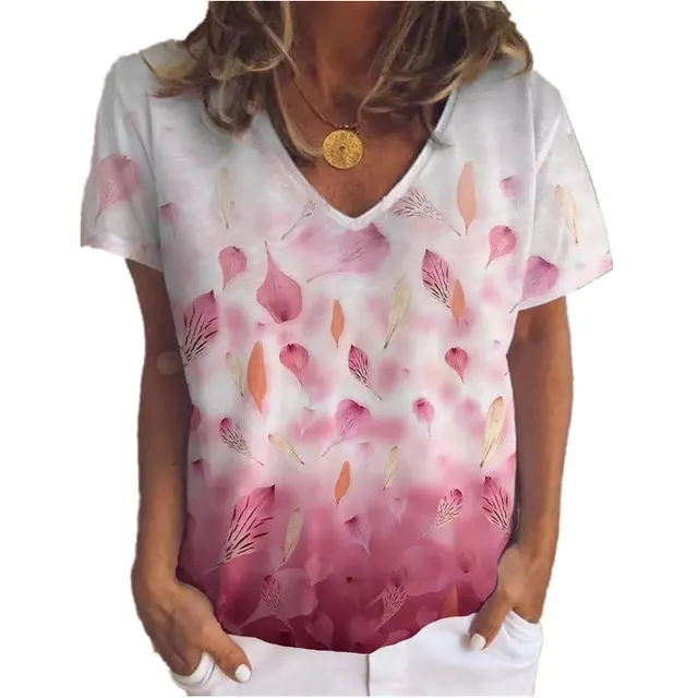 Leaf Flower Top Print V neck Short Sleeves Red - Shop at LoveMi