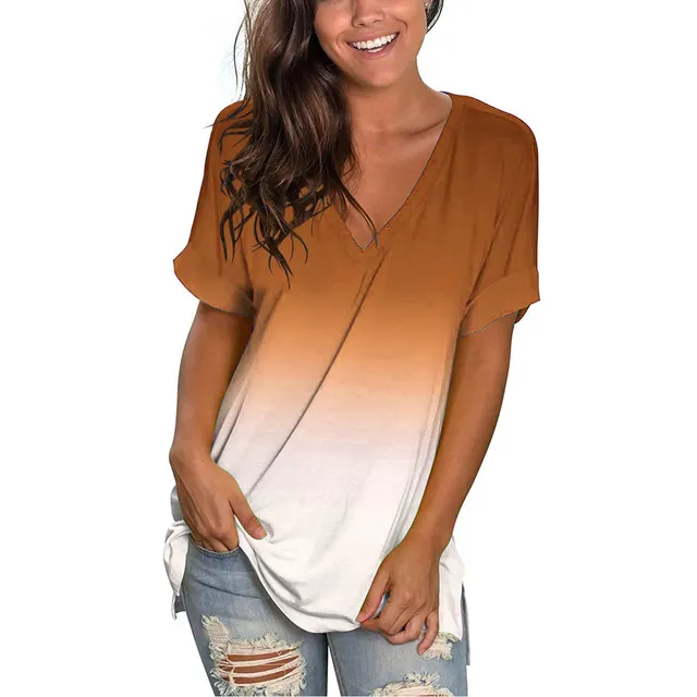 Printed Gradient V neck Loose Short Sleeves Khaki - Shop at LoveMi