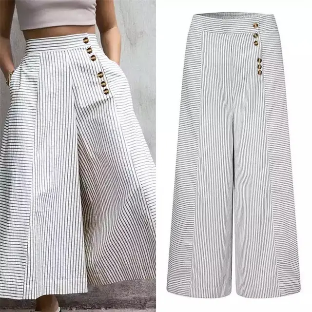New Style Decorative Buckle Irregular Stripes Loose Loose Casual Wide Leg Trousers White - Shop at LoveMi
