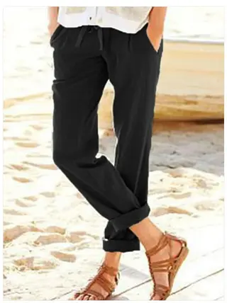 Women's Solid Color Cotton And Linen Drawstring Loose Casual Wide-Leg Pants - Black