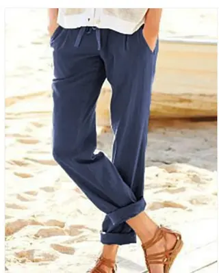 Women's Solid Color Cotton And Linen Drawstring Loose Casual Wide-Leg Pants - Blue