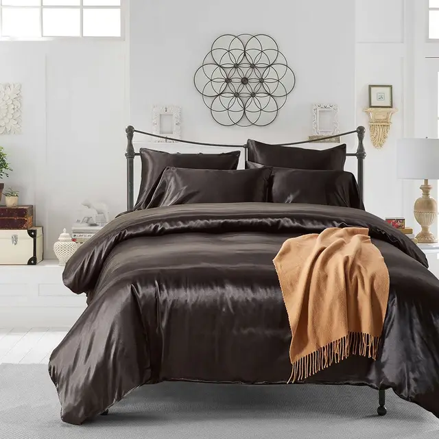 Hotel Home Solid Color Imitated Silk Luxury Satin Comforter Bedding Set Black - Shop at LoveMi