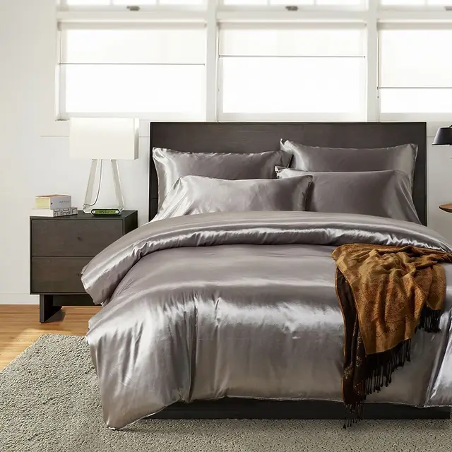 Hotel Home Solid Color Imitated Silk Luxury Satin Comforter Bedding Set Grey - Shop at LoveMi
