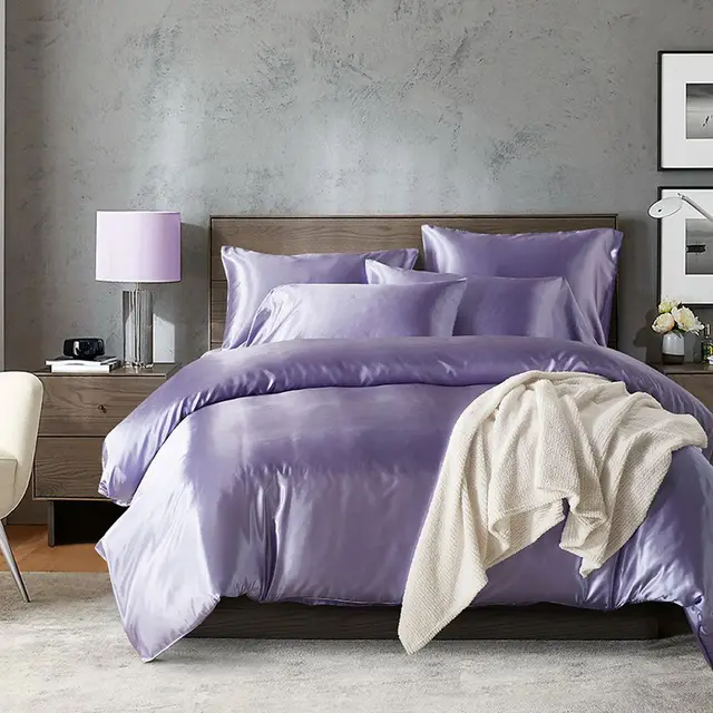 Hotel Home Solid Color Imitated Silk Luxury Satin Comforter Bedding Set Purple - Shop at LoveMi