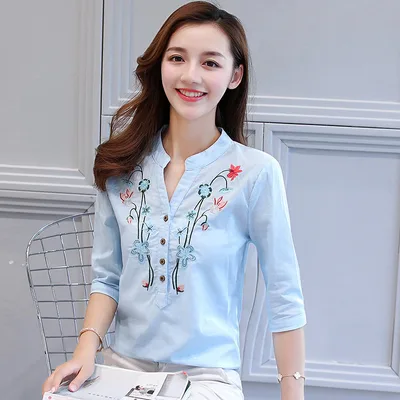 A Linen Embroidered V neck Shirt With Seven Quarter Sleeves Blue - Shop at LoveMi