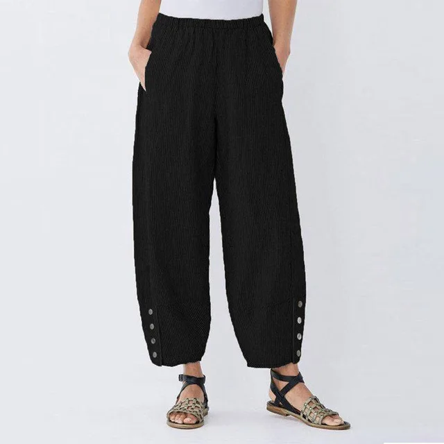 New Pinstripe Button Pocket Elastic Waist Casual Pants Black - Shop at LoveMi