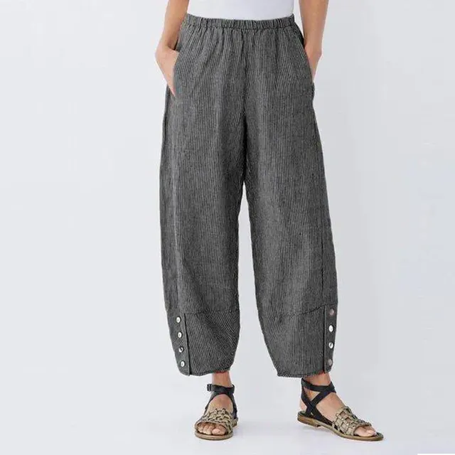 New Pinstripe Button Pocket Elastic Waist Casual Pants Dark Grey - Shop at LoveMi