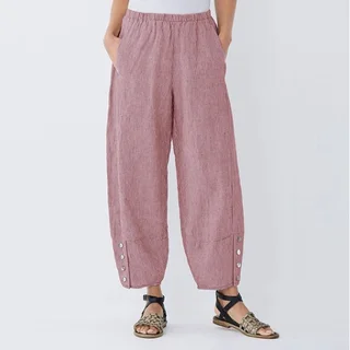 New Pinstripe Button Pocket Elastic Waist Casual Pants - Pink