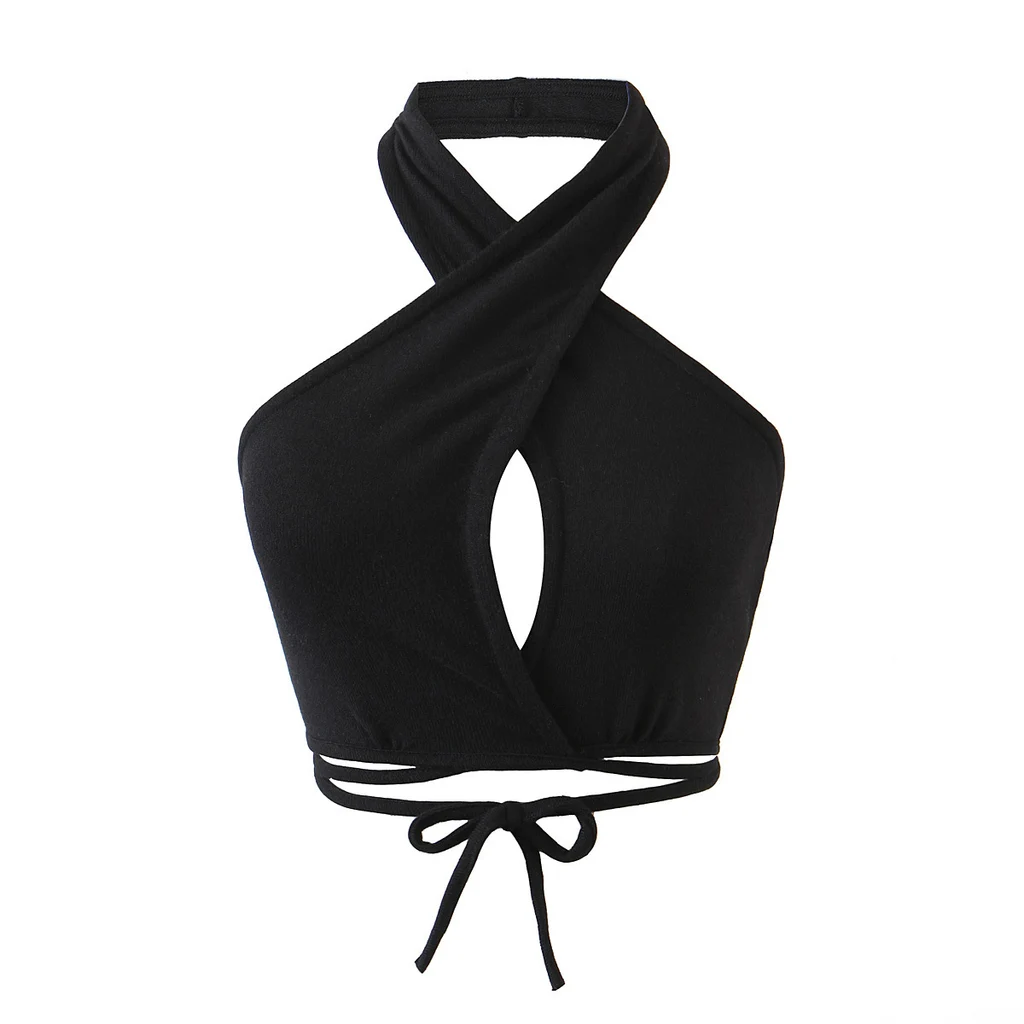 Fashion Ladies Simple Halter Top With Small Suspenders - Black