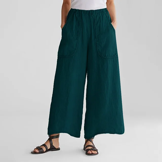 Women's Cotton Linen Trousers Wide Leg Pants Mid Waist Casual Pants Green - Shop at LoveMi