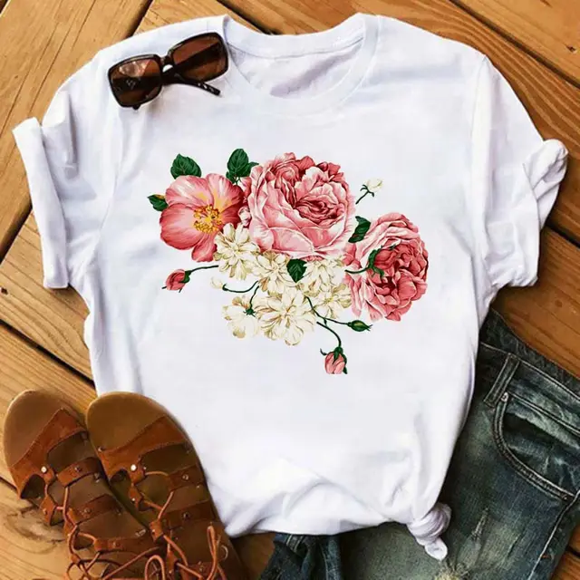 Floral Pattern Printed Loose Summer Casual Ladies T shirt H - Shop at LoveMi