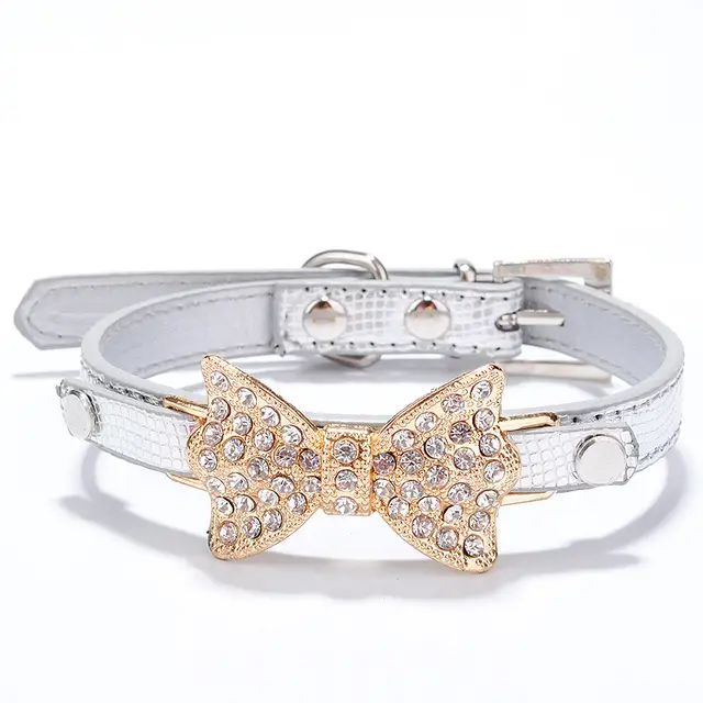 Bowknot Pet Collar Rhinestone Dog Pen Dog Supplies Sliver - Shop at LoveMi