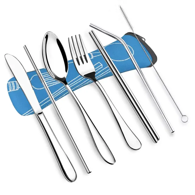 Stainless Steel Portable Cutlery Set, Knife, Fork, Spoon, Chopsticks And Straw Seven piece Set Sky Blue Cloth Bag - Shop at LoveMi