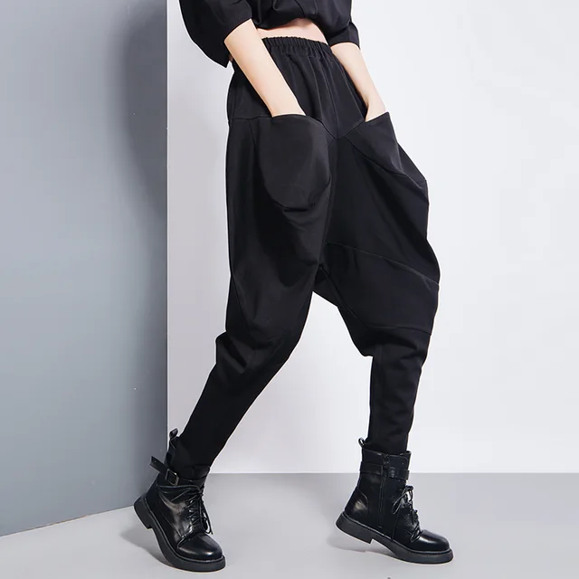 Spring And Autumn Personality Irregular Loose Women's Pants BF Wind Elastic Waist Bloomers Fat MM Casual All match Pants Black - Shop at LoveMi