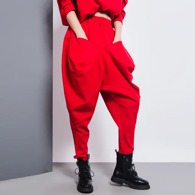 Spring And Autumn Personality Irregular Loose Women's Pants BF Wind Elastic Waist Bloomers Plus Size MM Casual All match Pants Red - Shop at LoveMi