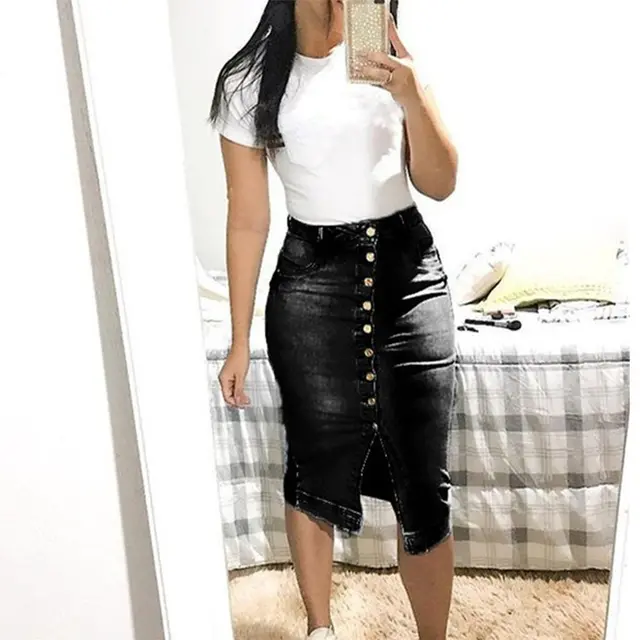 Denim Long Skirt Buttoned Slim Sexy Long Skirt Black - Shop at LoveMi