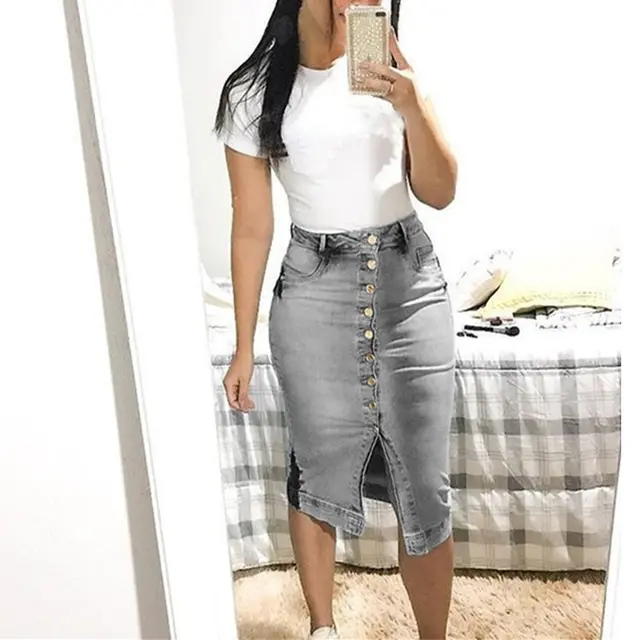 Denim Long Skirt Buttoned Slim Sexy Long Skirt Grey - Shop at LoveMi