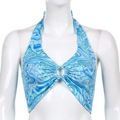 Printed Drawstring Strap Pleated Halterneck Vest L - Shop at LoveMi