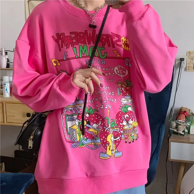 Retro Clothes Tops Street Sweatshirts Cute Pullovers Pink - Shop at LoveMi