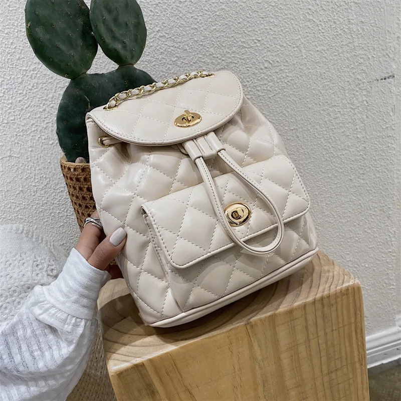 Lingge Chain Backpack Women's Trendy Drawstring Small Backpack Beige - Shop at LoveMi